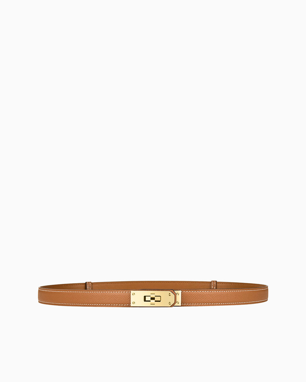 Classic Saffiano Leather Belt with Gold Turn-Lock Buckle and contrast stitching. Caramel Color