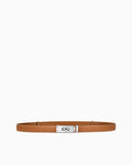 Women's slim saffiano leather belt in caramel color with a silver-tone turn-lock buckle and contrast stitching