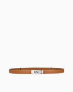Women's slim saffiano leather belt in caramel color with a silver-tone turn-lock buckle and contrast stitching