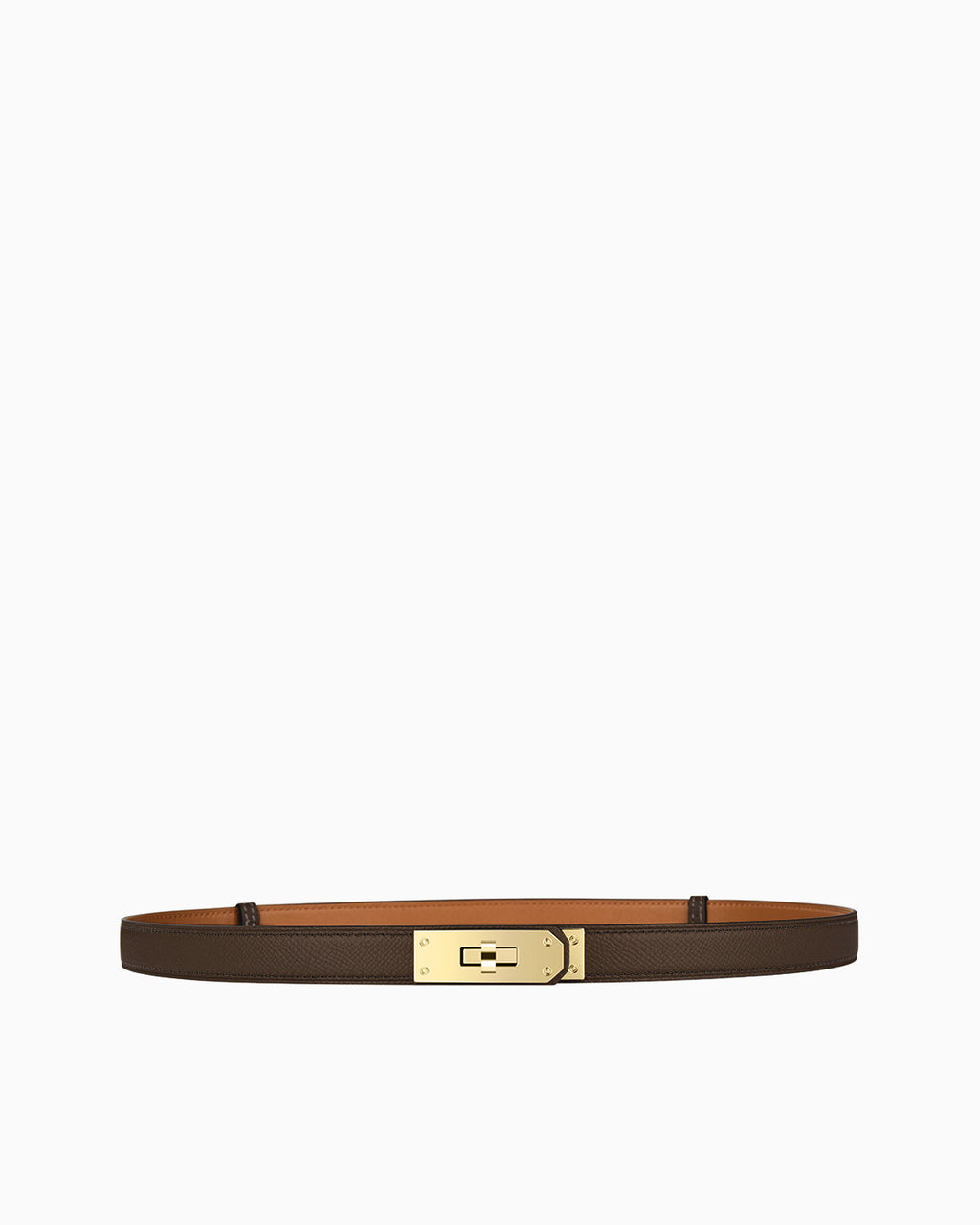 Classic Brown Slim Saffiano Leather Belt with Gold Turn-Lock Buckle
