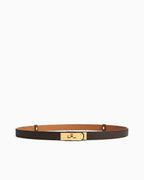 Classic Dark Brown Slim Saffiano Leather Belt with Gold Turn-Lock Buckle