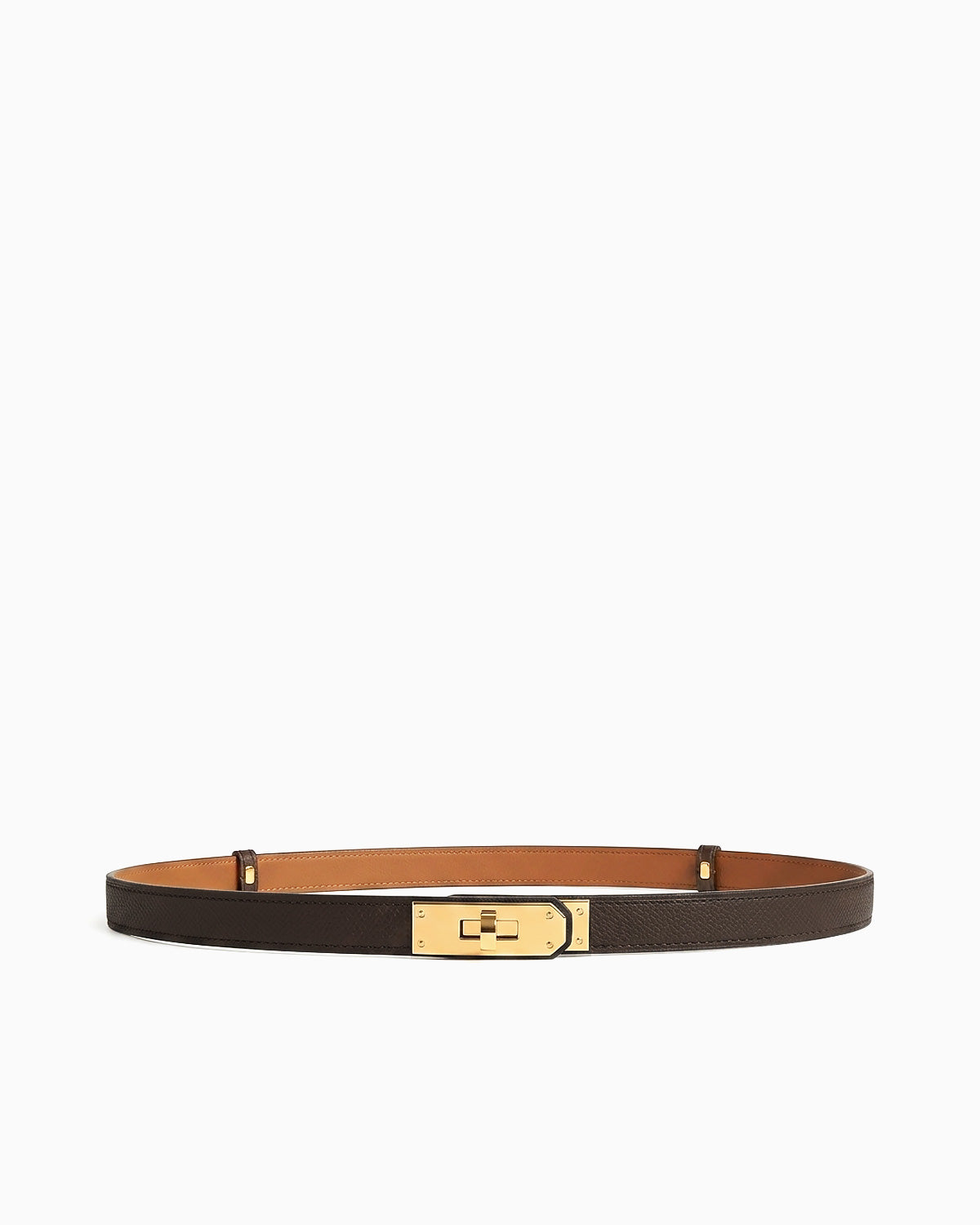 Classic Dark Brown Slim Saffiano Leather Belt with Gold Turn-Lock Buckle