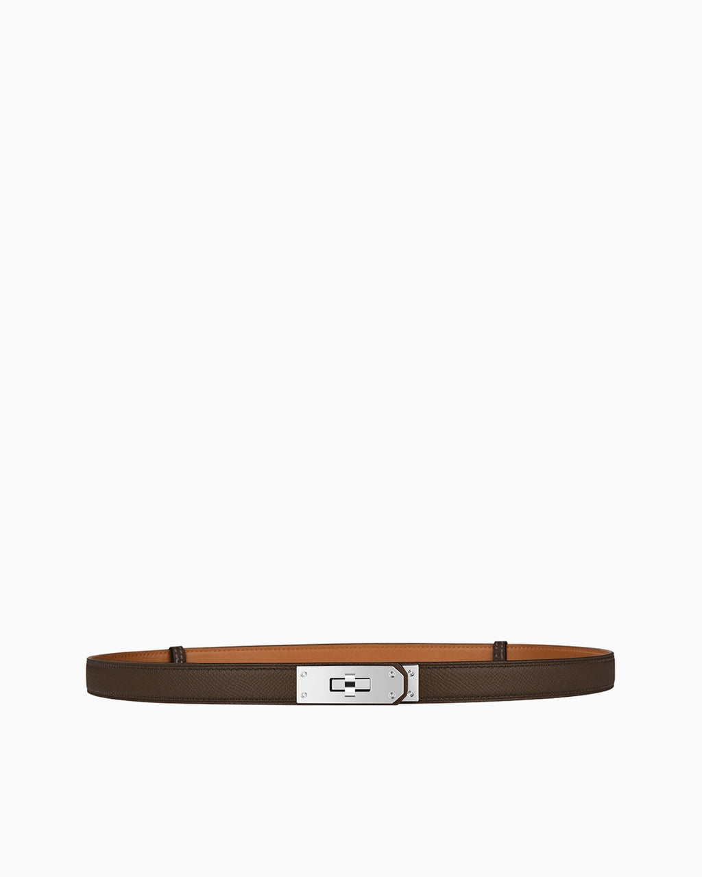 Brown genuine saffiano leather belt with a silver-tone turn-lock buckle