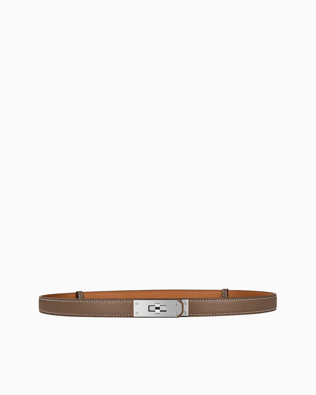 A slim leather belt in elephant gray color with a silver-tone metal buckle, displayed horizontally against a plain white background.