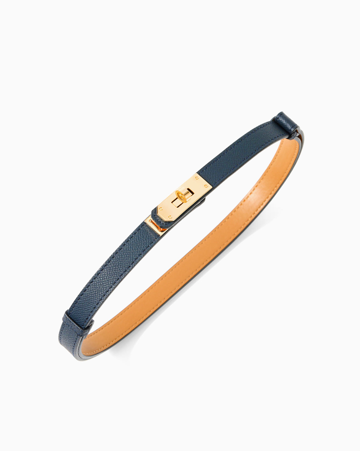 Classic Navy Blue Slim Saffiano Leather Belt with Gold Turn-Lock Buckle
