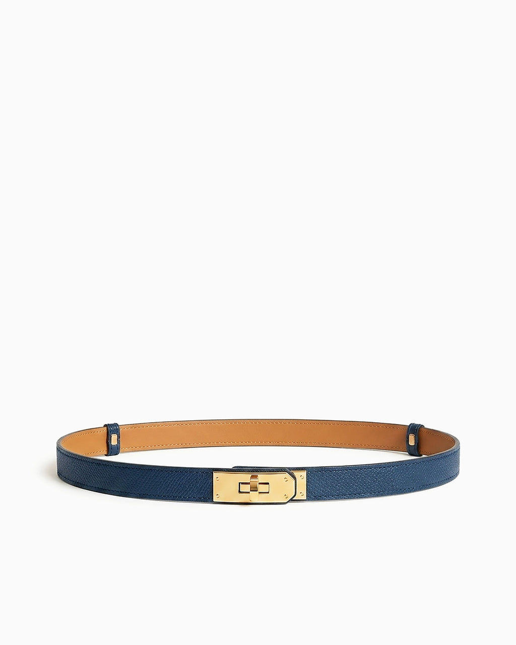 Classic Navy Blue Slim Saffiano Leather Belt with Gold Turn-Lock Buckle