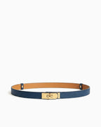 Classic Navy Blue Slim Saffiano Leather Belt with Gold Turn-Lock Buckle
