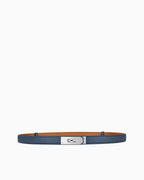Navy blue saffiano leather belt with a silver-tone turn-lock buckle and tan interior