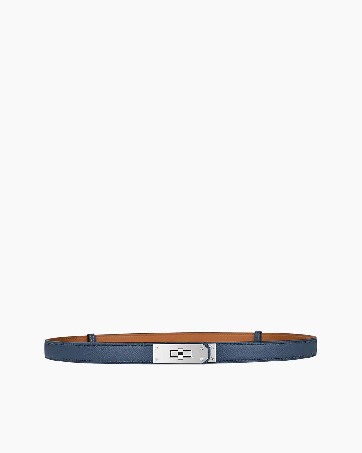 Navy blue saffiano leather belt with a silver-tone turn-lock buckle and tan interior