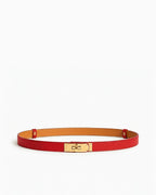 Classic Red Slim Saffiano Leather Belt with Gold Turn-Lock Buckle
