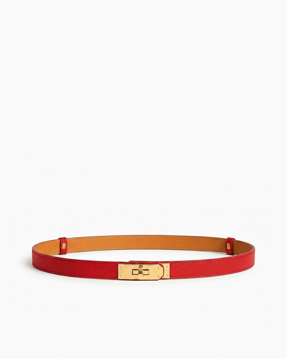 Classic Red Slim Saffiano Leather Belt with Gold Turn-Lock Buckle