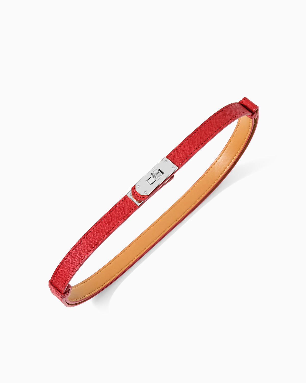 Women's red saffiano leather belt with a silver-tone turn-lock buckle