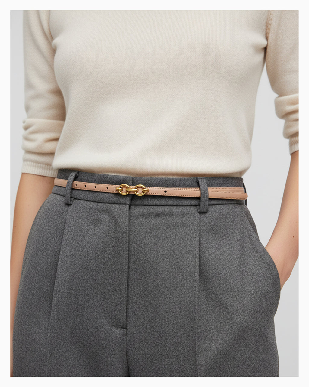 Women's Genuine Leather Beige Belt with Gold Interlocking Rings Buckle