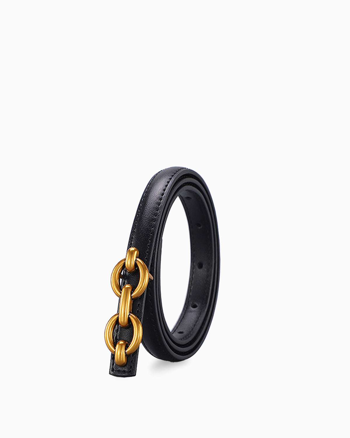 Women's Genuine Leather Black Belt with Gold Interlocking Rings Buckle