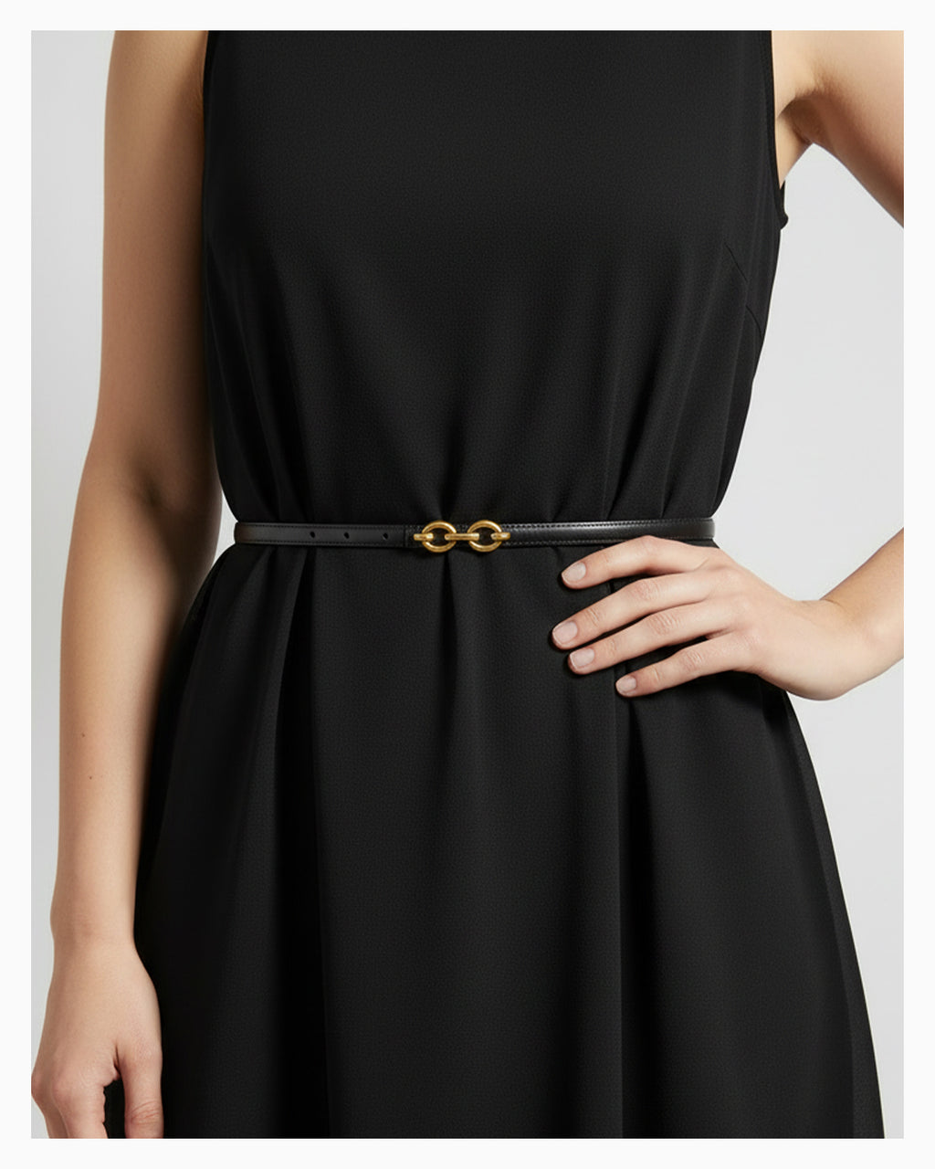 Women's Genuine Leather Black Belt with Gold Interlocking Rings Buckle