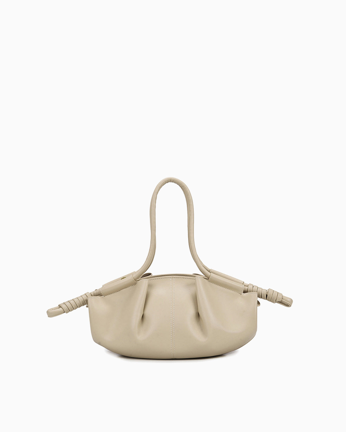 Beige Pleated Leather Dumpling Handbag with Knotted Strap