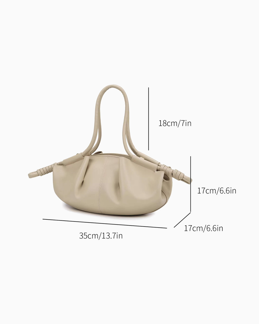 Dimensions of the Beige Pleated Leather Dumpling Handbag with Knotted Strap