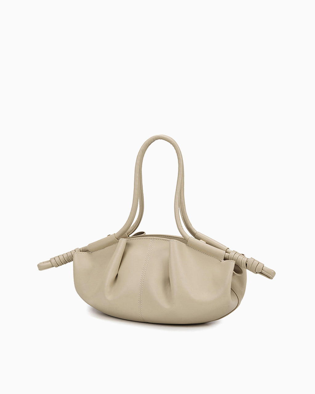 Side view of the Beige Pleated Leather Dumpling Handbag with Knotted Strap