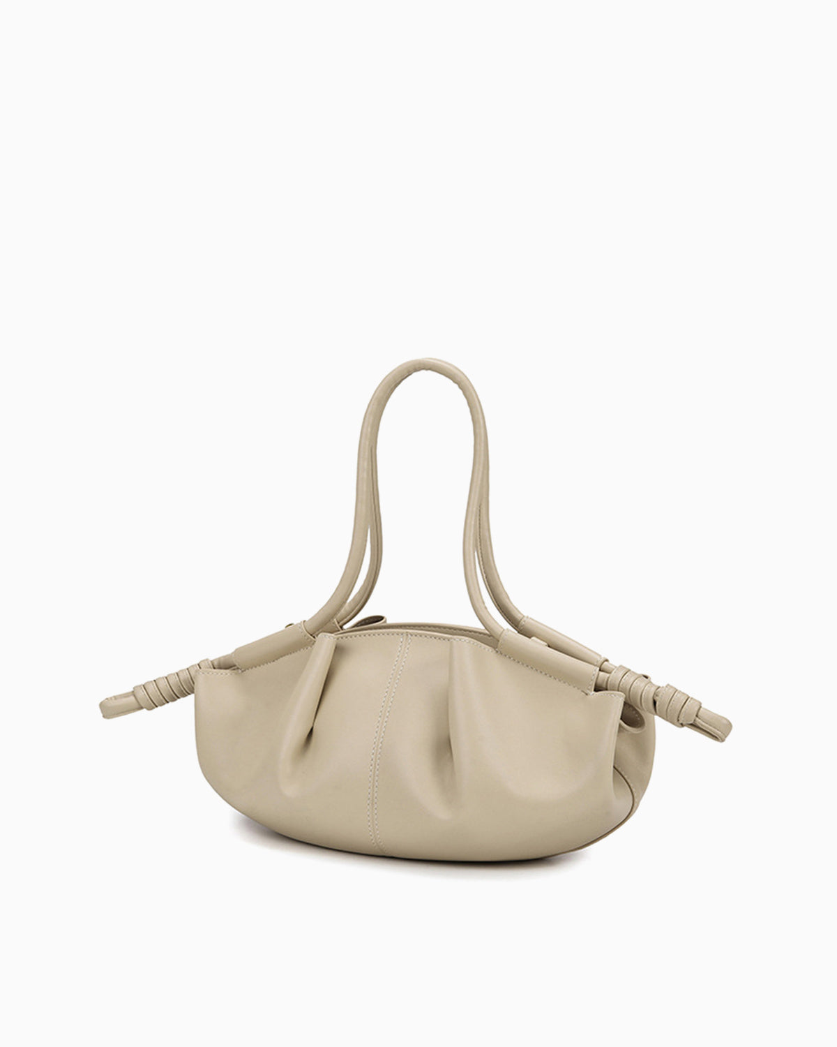 Side view of the Beige Pleated Leather Dumpling Handbag with Knotted Strap
