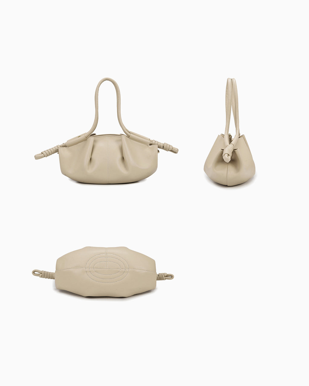 Front, side, and bottom views of the Beige Pleated Leather Dumpling Handbag with Knotted Strap