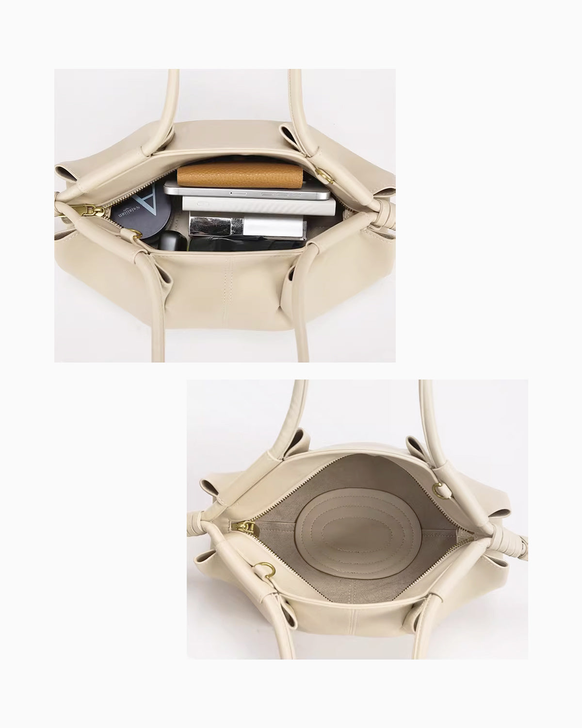 Compartment details of the Pleated Leather Dumpling Handbag with Knotted Strap