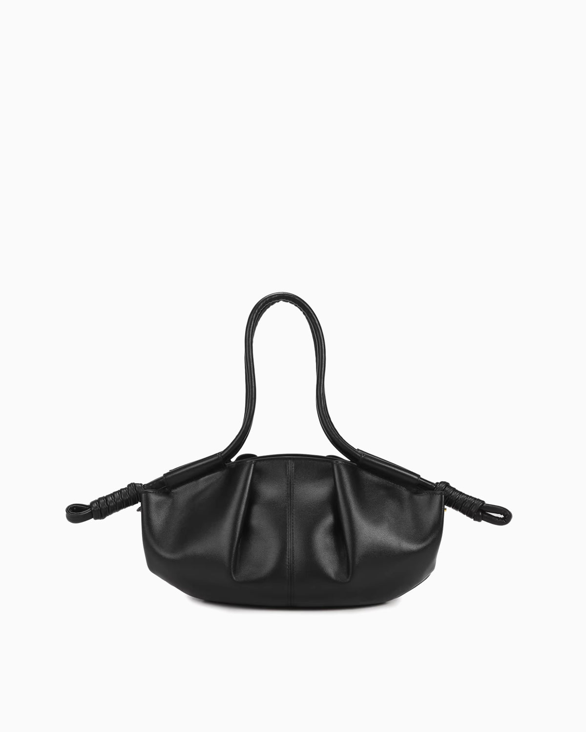 Black Pleated Leather Dumpling Handbag with Knotted Strap