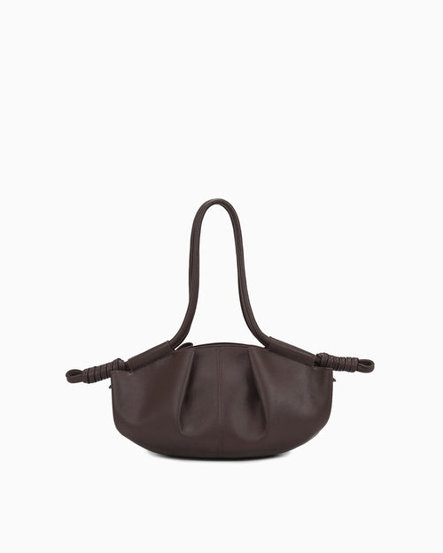 Women's Fashion Pleated Leather Dumpling Handbag with Knotted Strap, Brown color