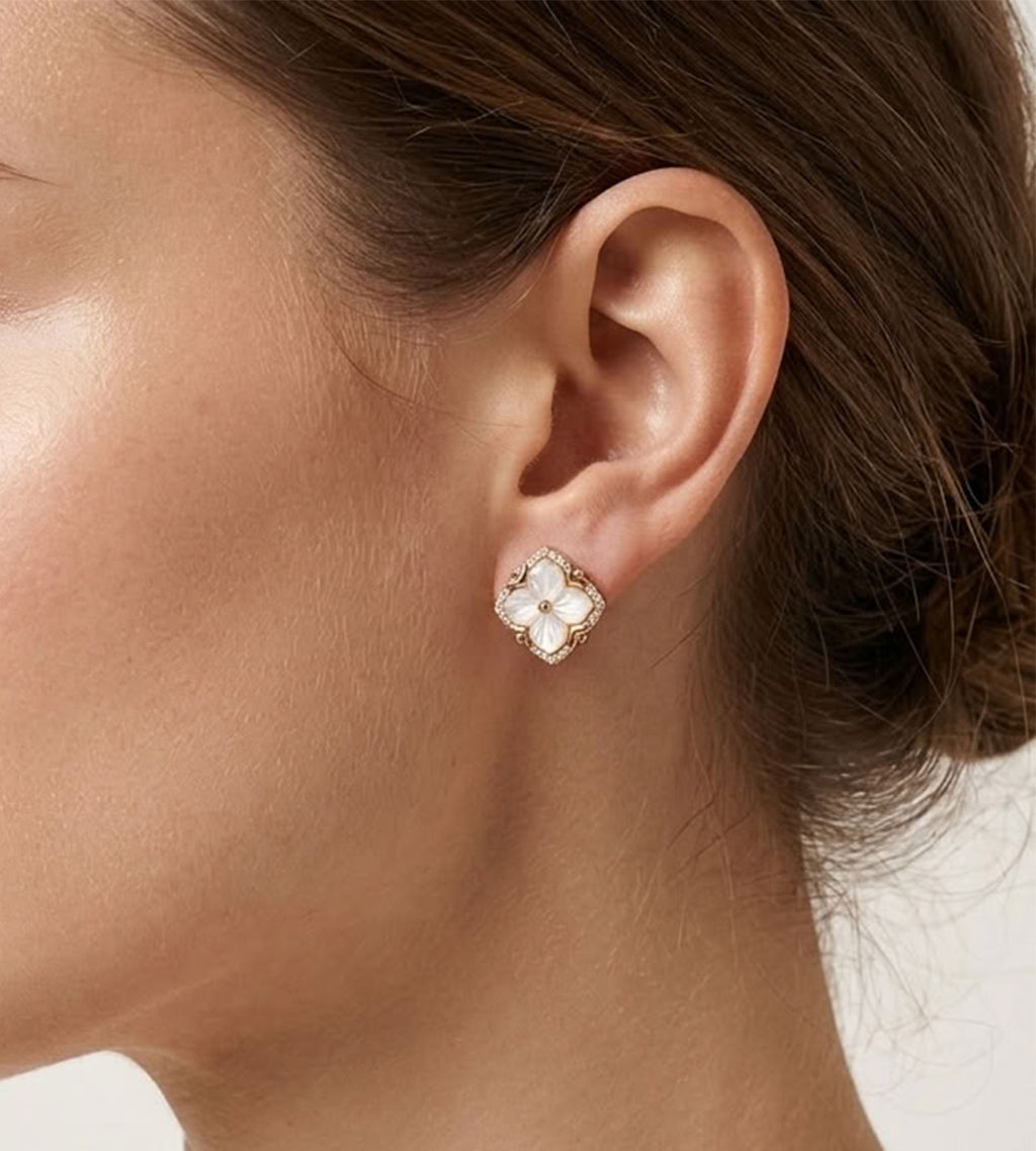 Clover Stud Earrings | Mother‑of‑Pearl & CZ | Palace Style