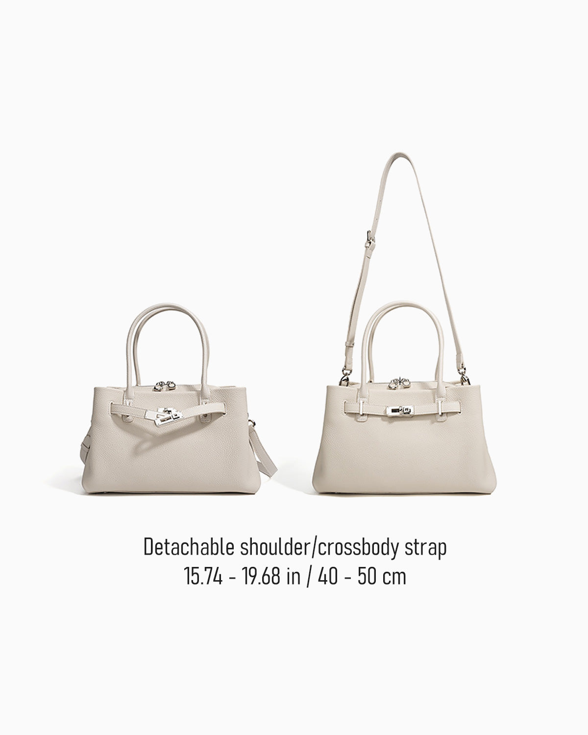 Off-White Commuter Genuine Togo Leather Satchel Bag with Turn-Lock & Detachable Strap showcasing a carrying option | BUCKLE Collective