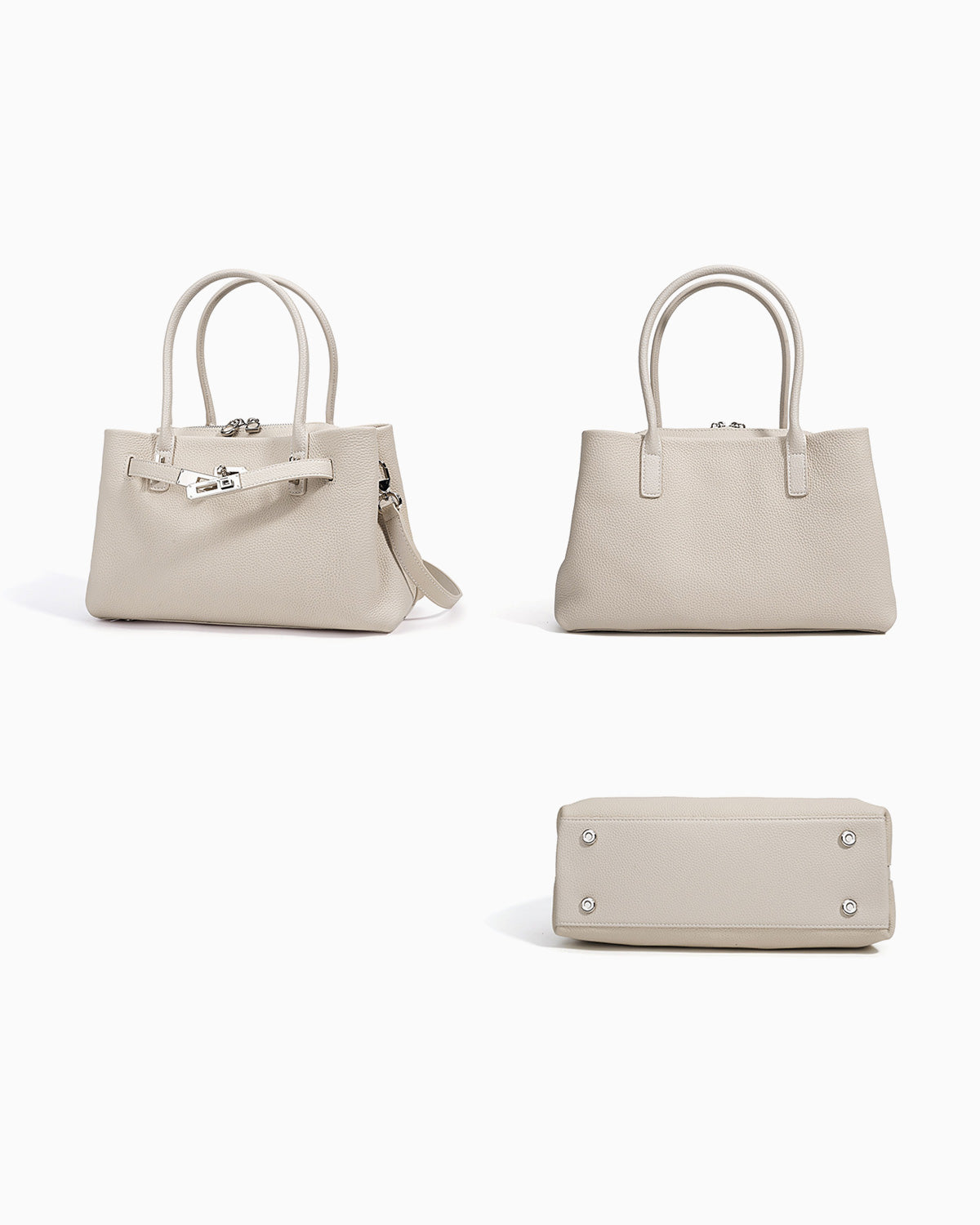 Front, back, and bottom views of the Off-White Commuter Genuine Togo Leather Satchel Bag with Turn-Lock & Detachable Strap | BUCKLE Collective