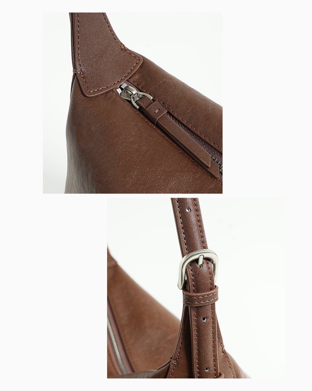 Texture and hardware details of the Leather Hobo Shoulder Bag with an adjustable strap