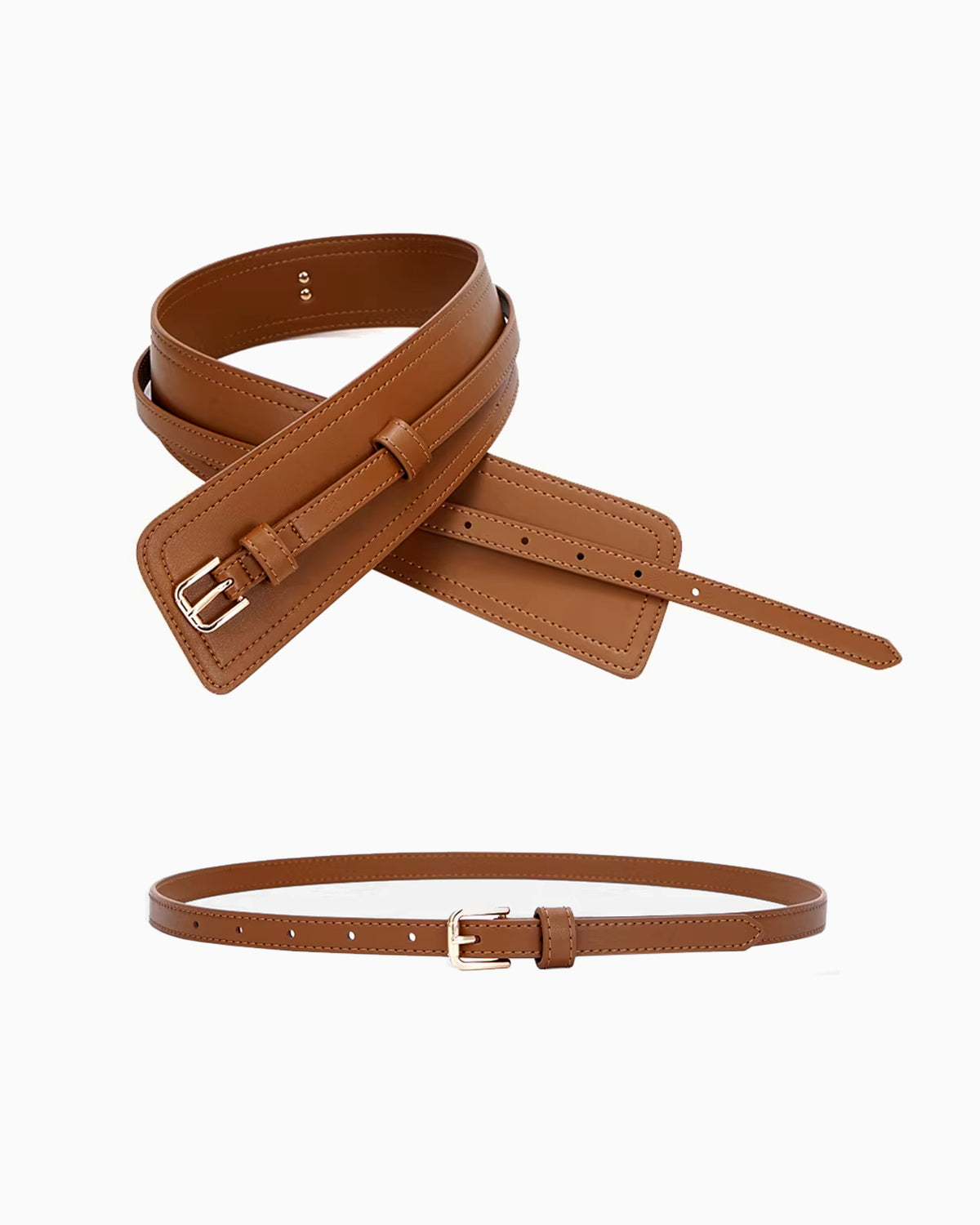 2‑in‑1 Women’s Leather Statement Belt with Gold Buckle – Transforms into Classic Design, Caramel Color