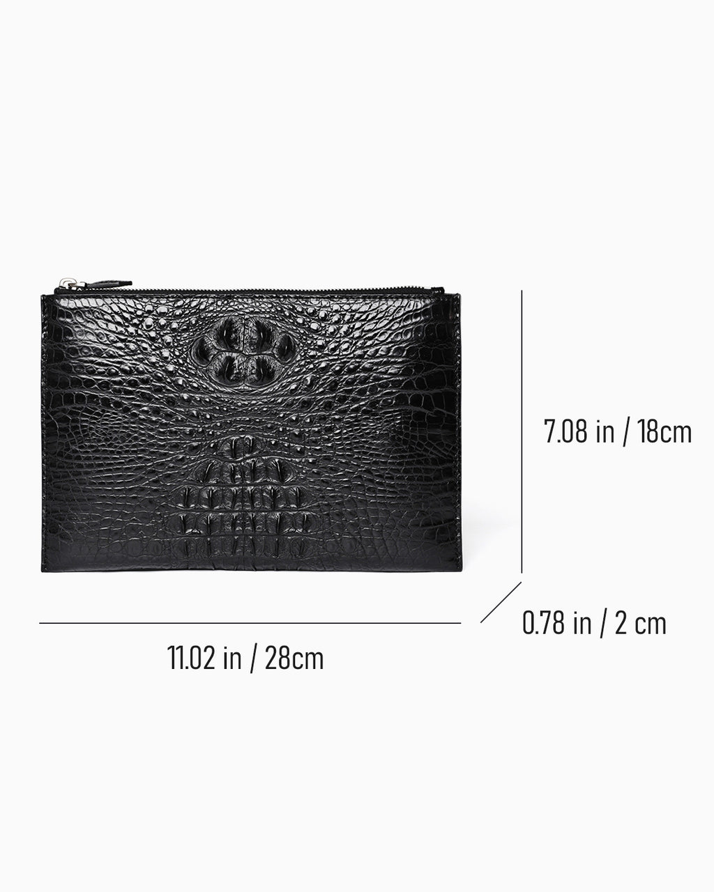 Black genuine crocodile leather clutch with zipper closure, shown with dimension lines and measurements | BUCKLE Collective