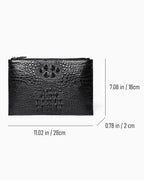 Black genuine crocodile leather clutch with zipper closure, shown with dimension lines and measurements | BUCKLE Collective