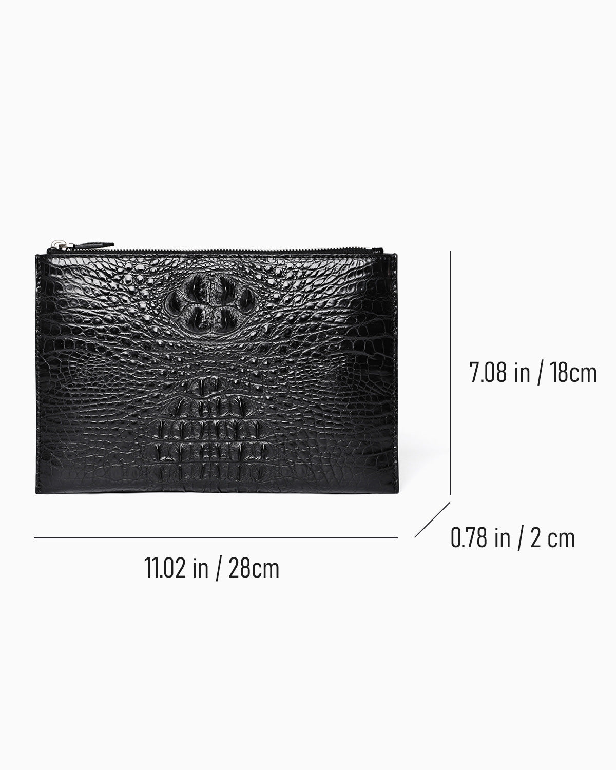 Black genuine crocodile leather clutch with zipper closure, shown with dimension lines and measurements | BUCKLE Collective