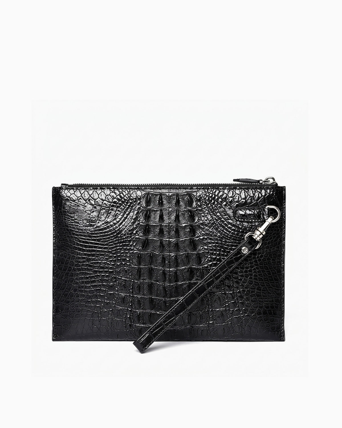 Black genuine Siamese crocodile-leather clutch bag with a wristlet strap and silver-tone hardware by BUCKLE Collective