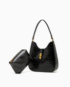 Women's Elegant Crocodile-Pattern Black Genuine Leather Shoulder Bag with removable black leather pouch and Gold Hardware