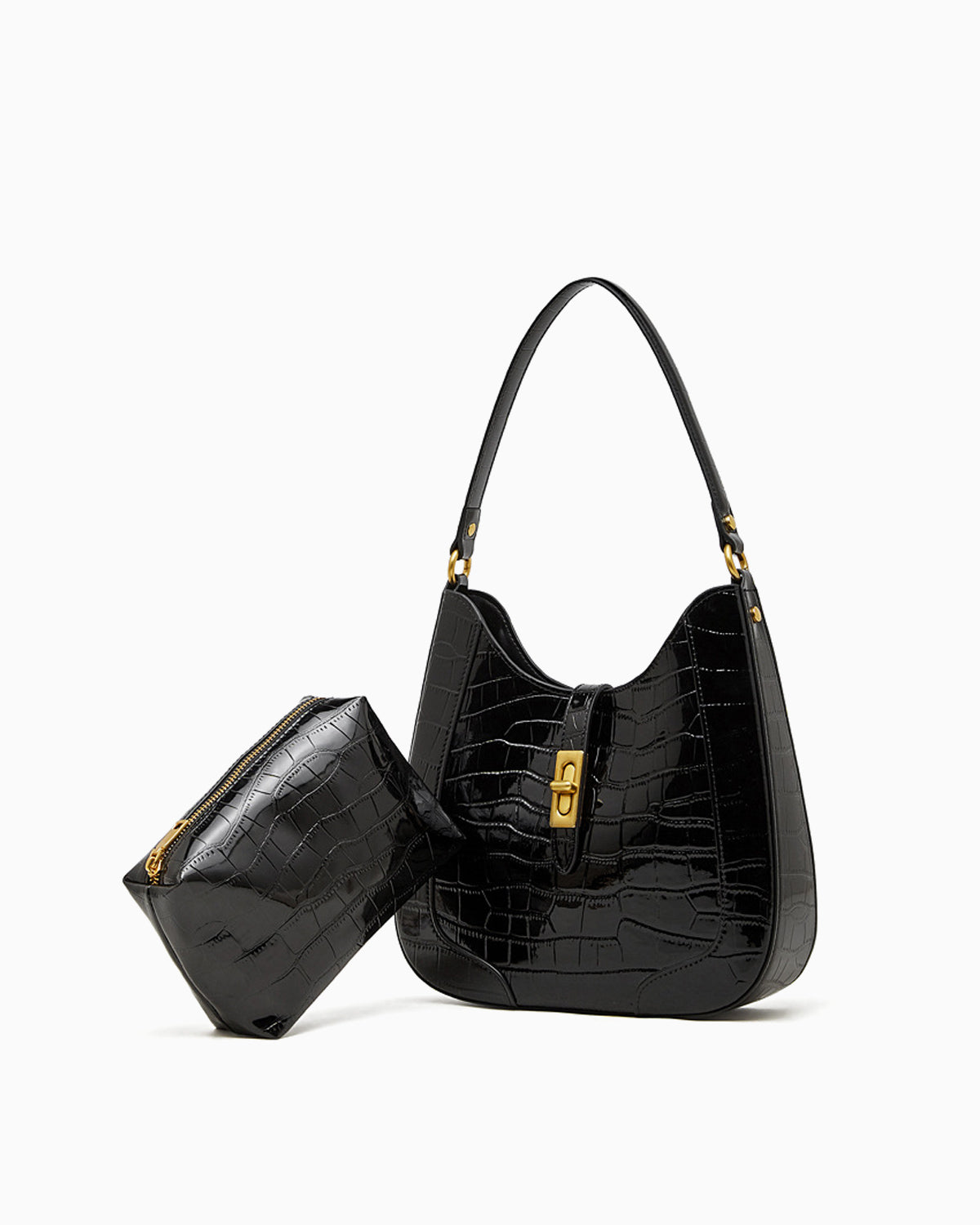 Women's Elegant Crocodile-Pattern Black Genuine Leather Shoulder Bag with removable black leather pouch and Gold Hardware