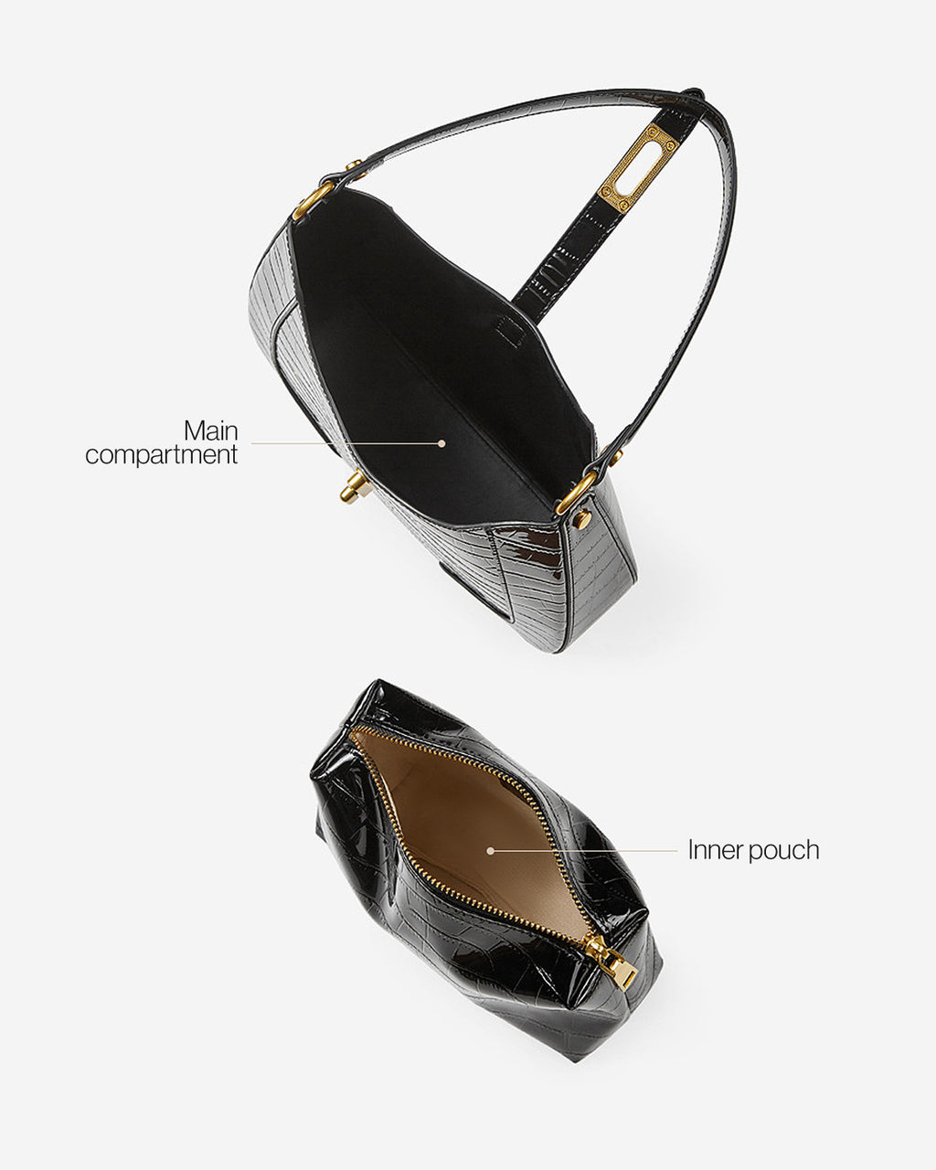Compartment Details of the Crocodile-Pattern Black Genuine Leather Shoulder Bag with Gold Hardware and an inner removable black pouch