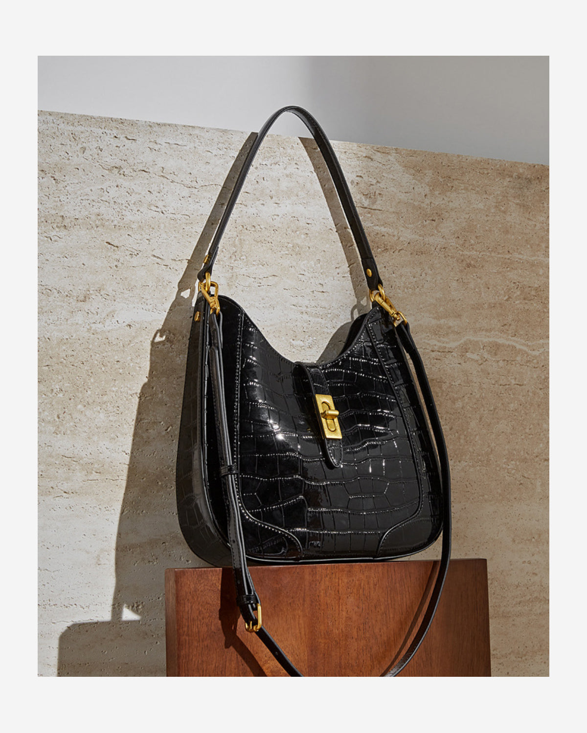Crocodile-Pattern Black Genuine Leather Shoulder Bag with crossbody strap