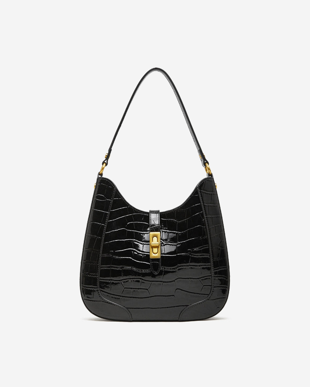 Women's Elegant Crocodile-Pattern Black Genuine Leather Shoulder Bag with Gold Hardware