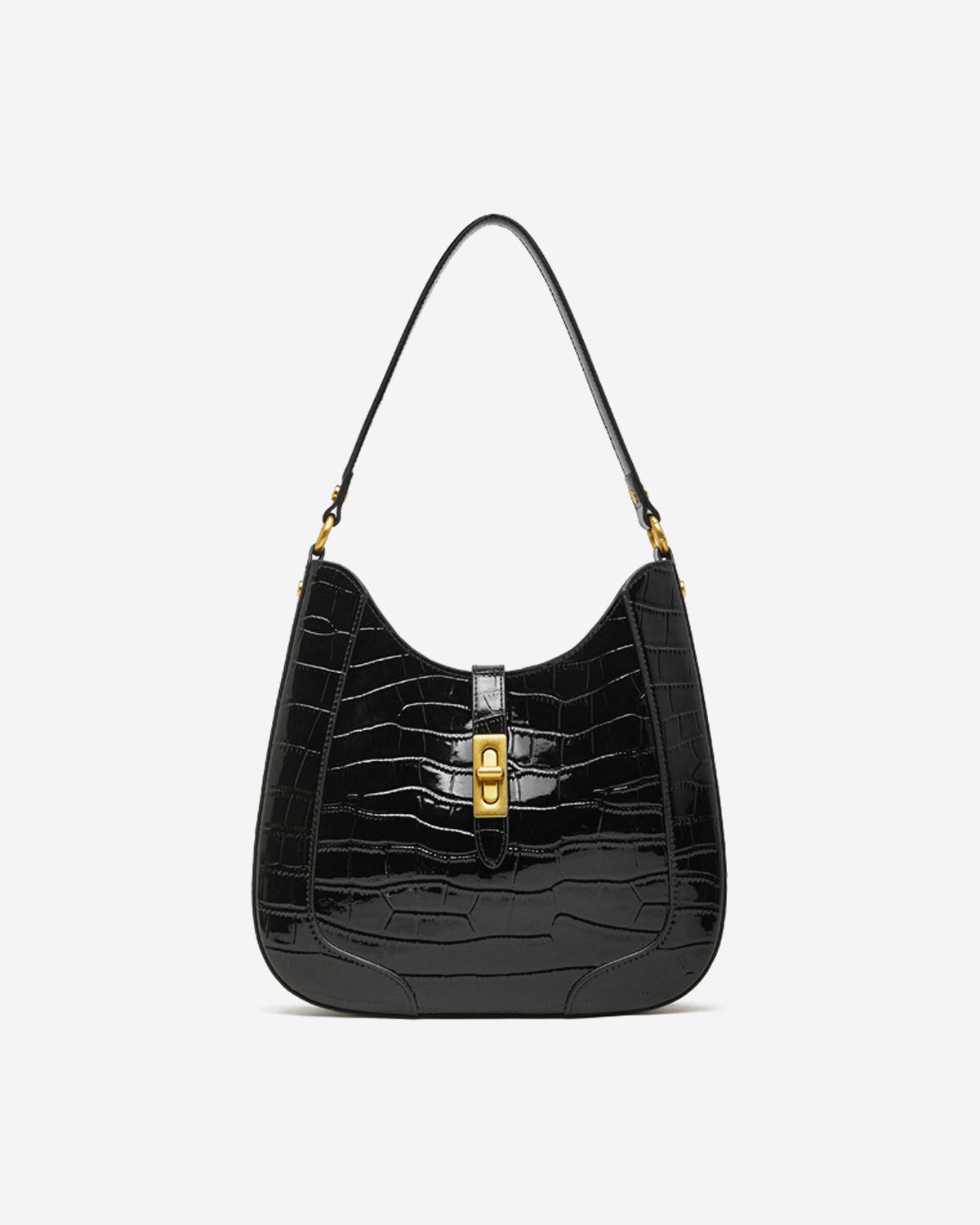 Women's Elegant Crocodile-Pattern Black Genuine Leather Shoulder Bag with Gold Hardware