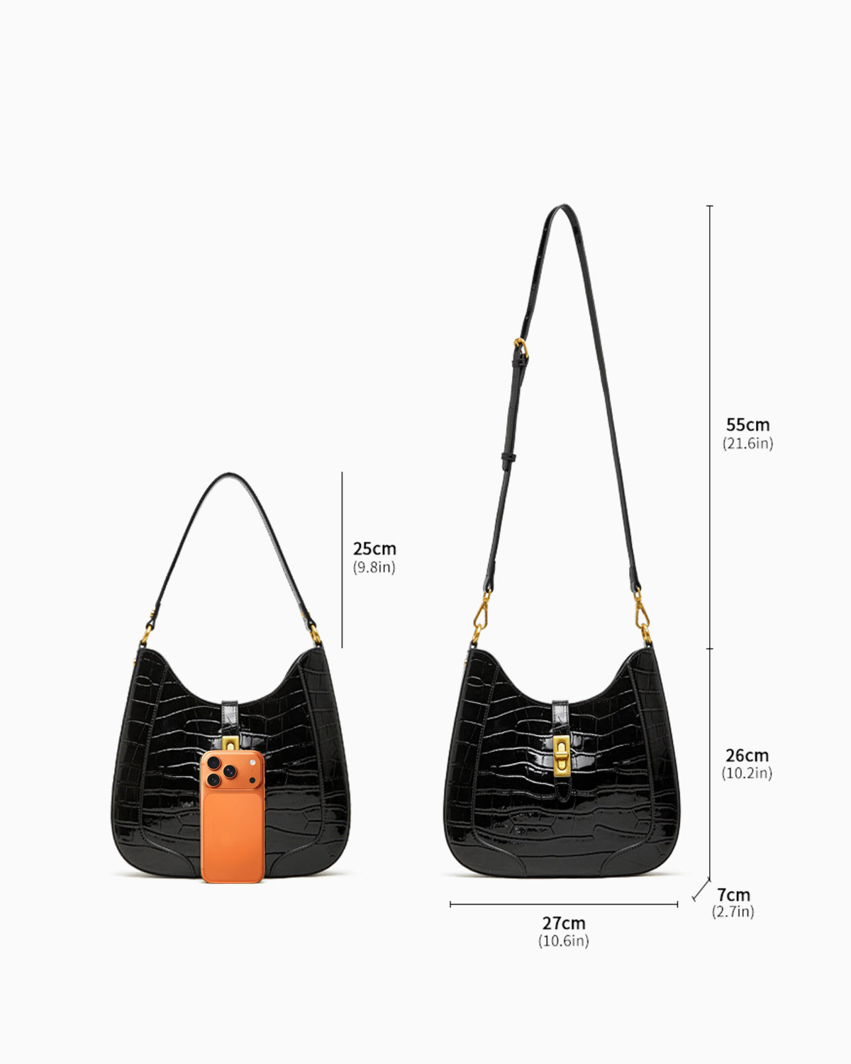 Dimensions of the Crocodile-Pattern Black Genuine Leather Shoulder Bag with Gold Hardware