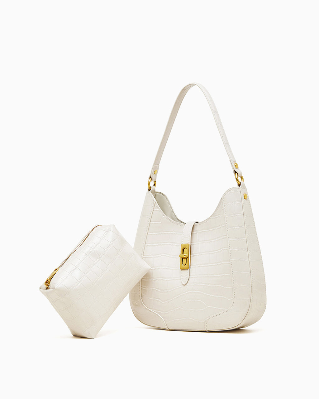 Women's Elegant Crocodile-Pattern White Genuine Leather Shoulder Bag with Removable Pouch and Gold Hardware