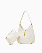 Women's Elegant Crocodile-Pattern White Genuine Leather Shoulder Bag with Removable Pouch and Gold Hardware