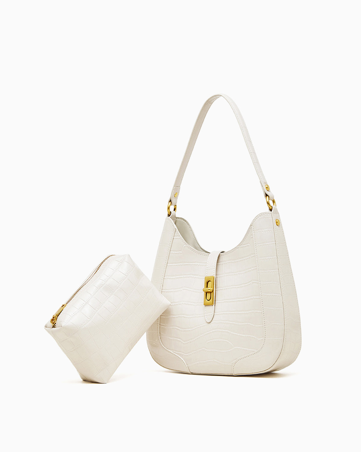 Women's Elegant Crocodile-Pattern White Genuine Leather Shoulder Bag with Removable Pouch and Gold Hardware
