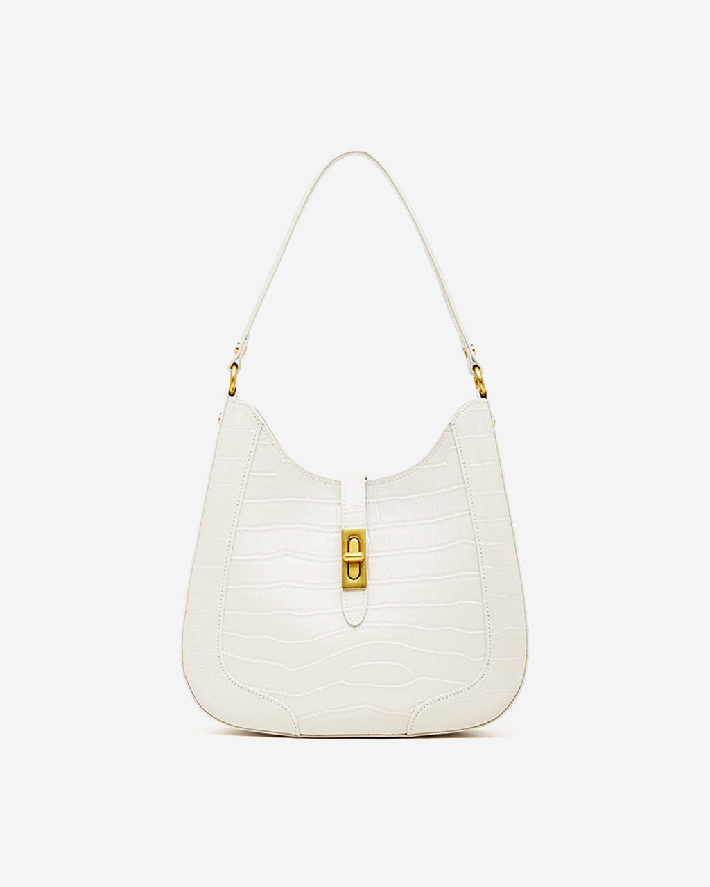 Women's Elegant Crocodile-Pattern White Genuine Leather Shoulder Bag with Gold Hardware
