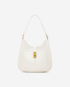 Women's Elegant Crocodile-Pattern White Genuine Leather Shoulder Bag with Gold Hardware