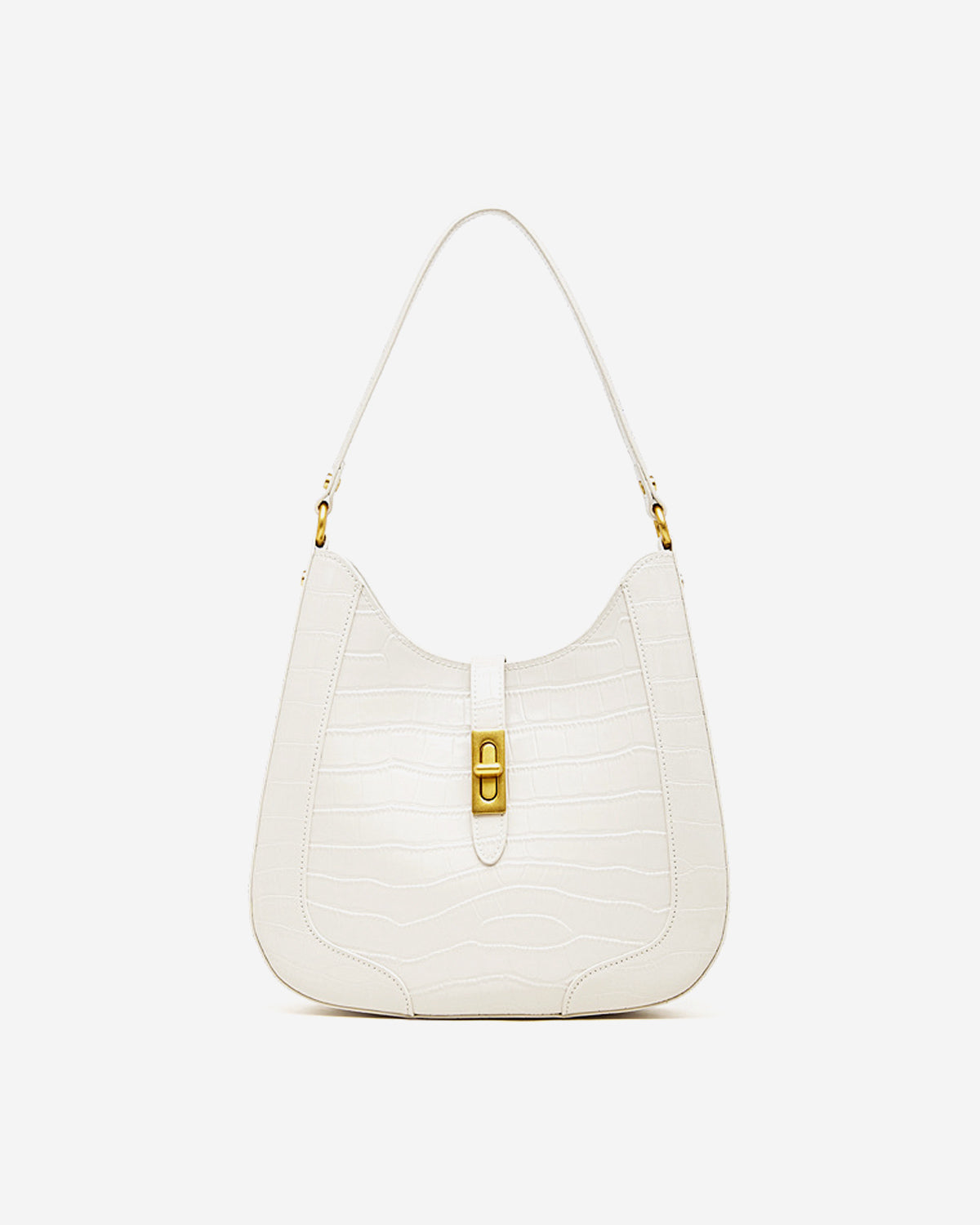 Women's Elegant Crocodile-Pattern White Genuine Leather Shoulder Bag with Gold Hardware