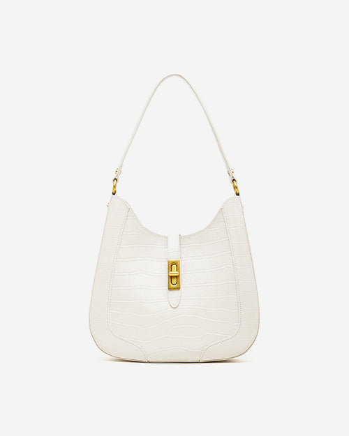 Women's Elegant Crocodile-Pattern White Genuine Leather Shoulder Bag with Gold Hardware